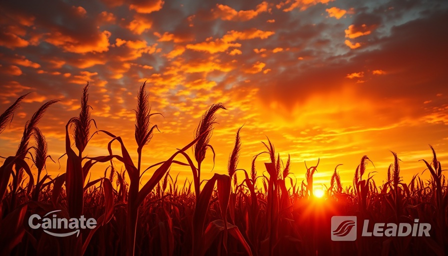 Dried cornfield under sunrise with EBRD logo showing climate impact.
