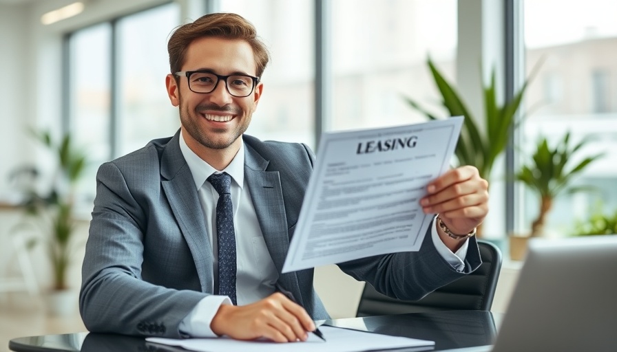 Real estate agent with lease, office setting, peak rental season.