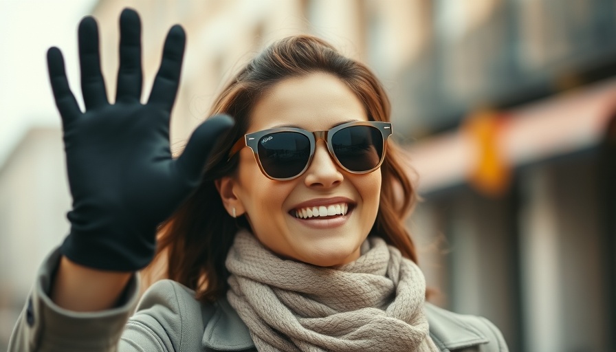 Cheerful woman in vintage sunglasses waving, outdoors.