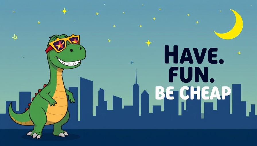Playful dinosaur with sunglasses above city skyline with 'Have Fun. Be Cheap.' text.