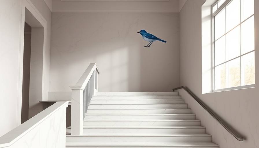 Elegant white marble staircase with a blue bird mural and soft daylight.