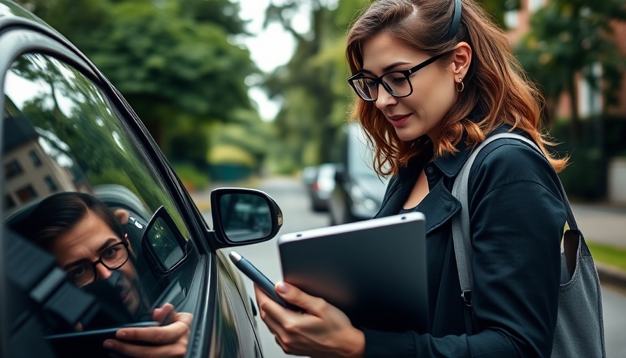 Woman examining car for auto insurance claim process.