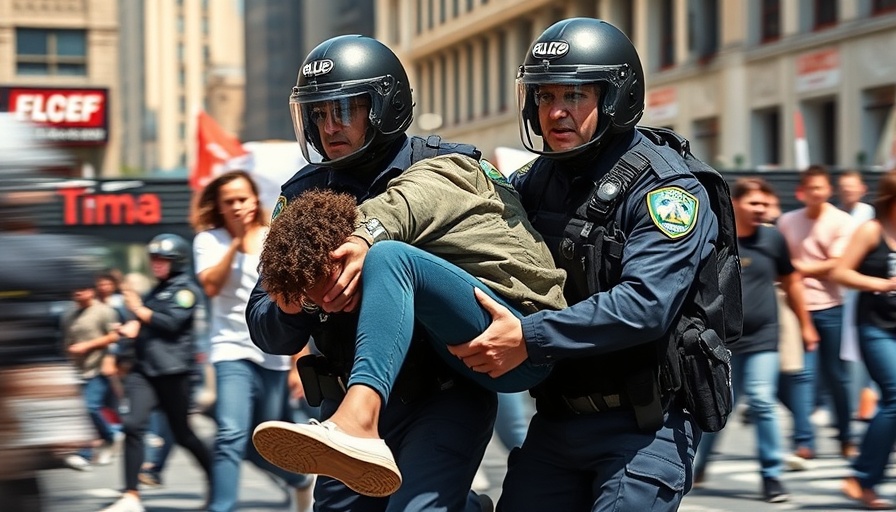 Police officers detaining protestor during immigration policy protests in city.
