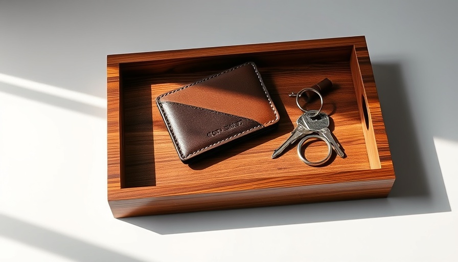 Elegant wooden valet tray with wallet and keys, ideal Father's Day gift.