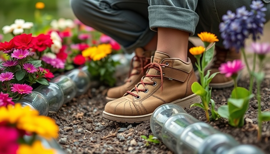 Close-up of garden footwear in a colorful flower bed.