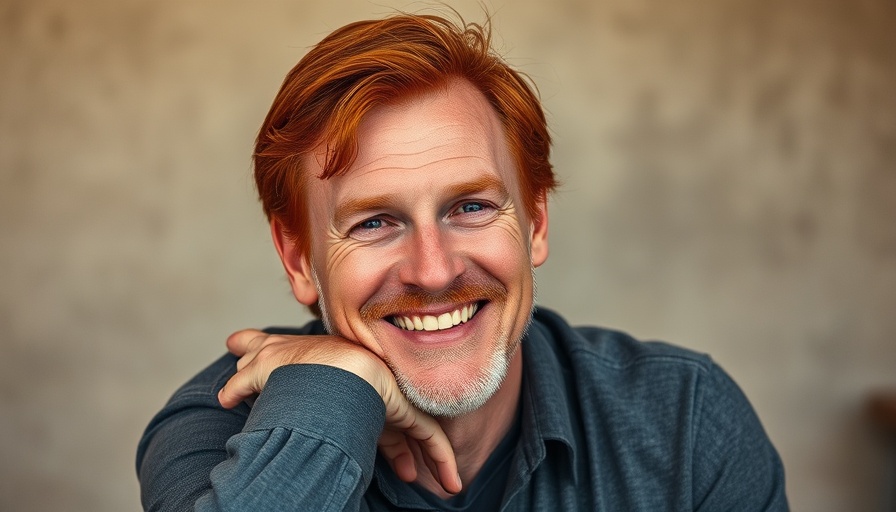 Candid portrait of a man with red hair and a tattoo, highlighting smiles.