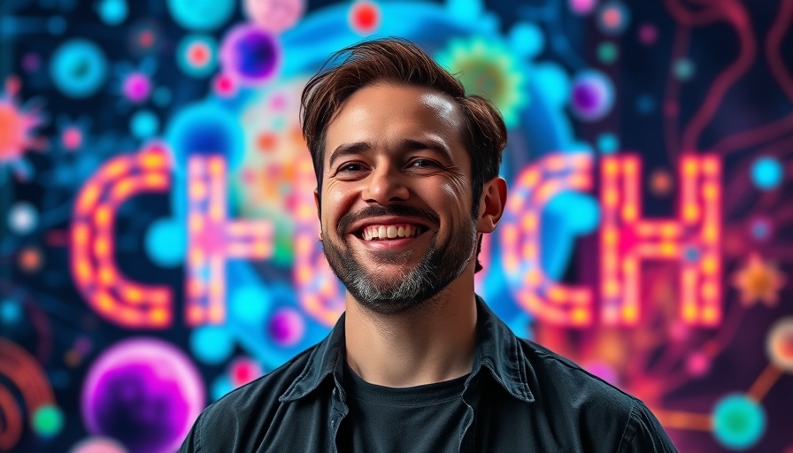 Digital design with smiling man and vibrant cells, focusing on regeneration and healing.
