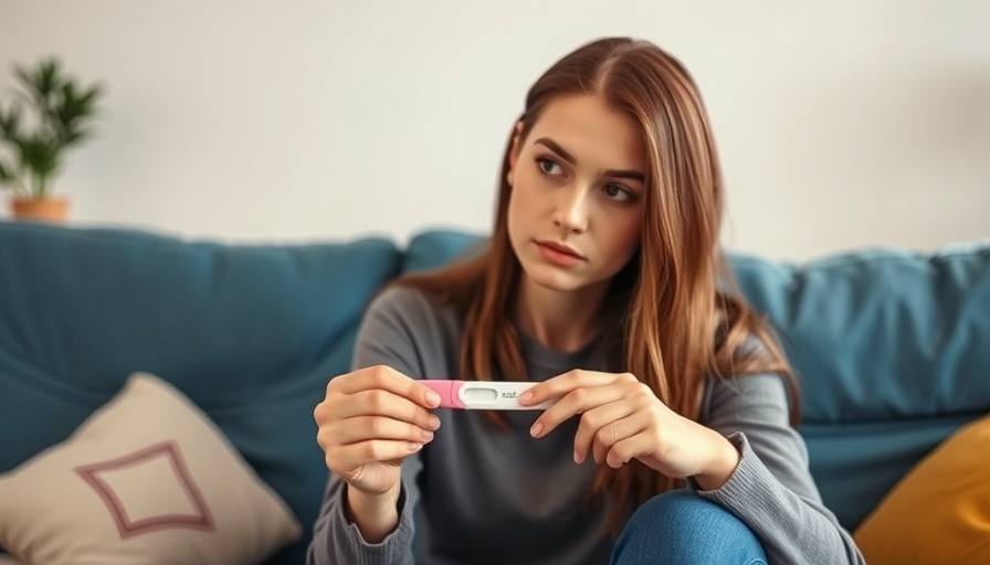 Young woman considering pregnancy test result, related to Britain abortion laws.