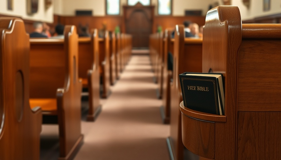 Gen Z's return to faith symbolized by empty wooden church pews.