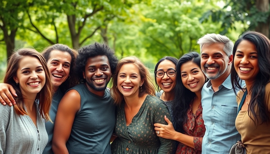Smiling group in park representing faith community.