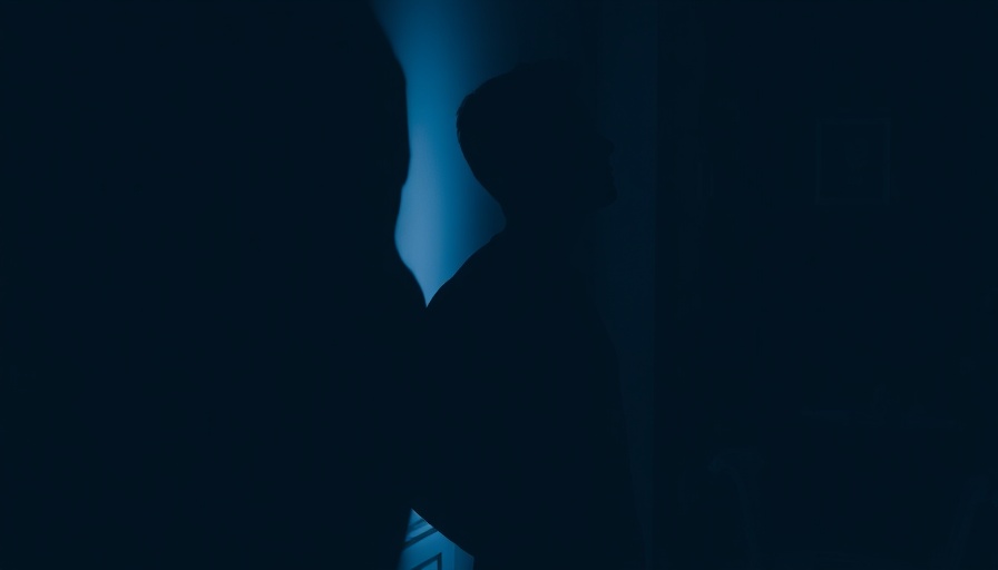 Contemplative man leaning on wall, dimly lit room.