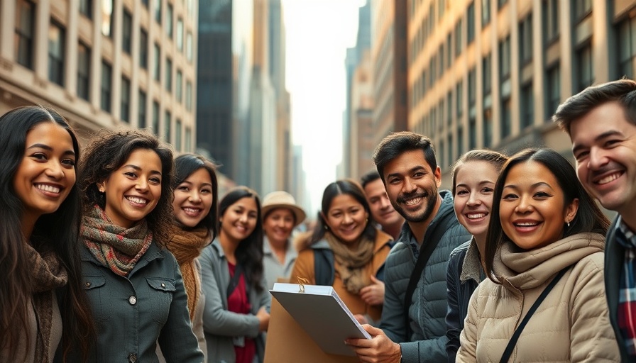 Community service in New York City street with smiling diverse group.