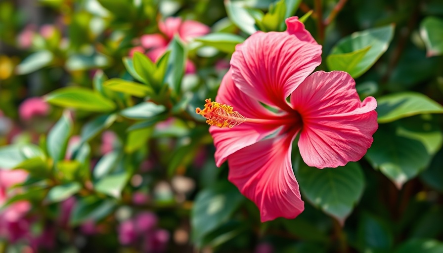 Inspirational pink hibiscus flower with lush greenery.