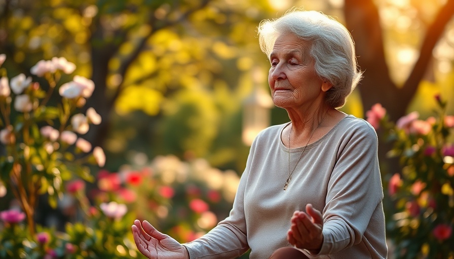 Elderly woman meditating peacefully in a sunlit garden, faith and true happiness.