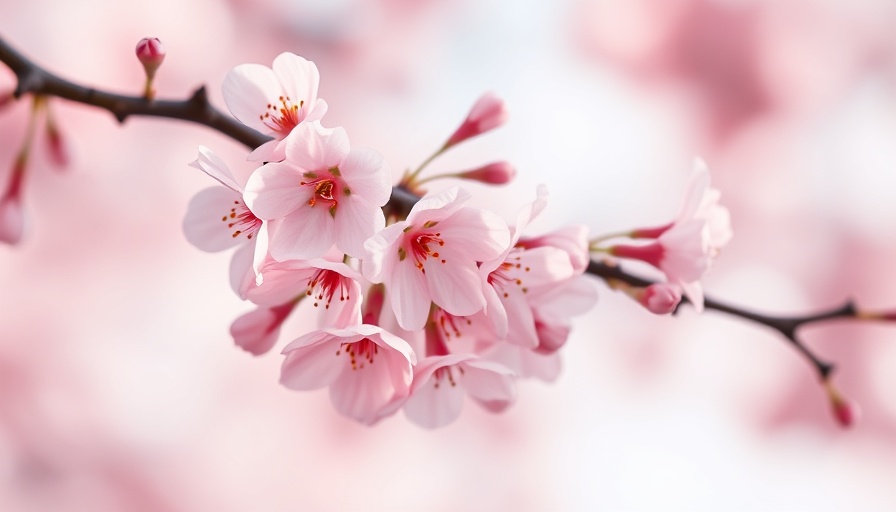 Delicate pink cherry blossoms in soft light, serene atmosphere.