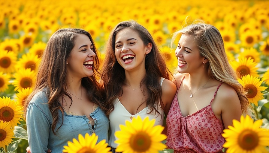 Joyful women in a sunflower field, laughter and nature, vibrant scene.