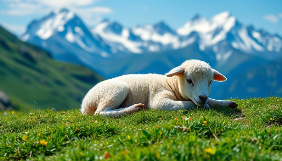 Serene lamb resting on a grassy hill with a mountain backdrop.