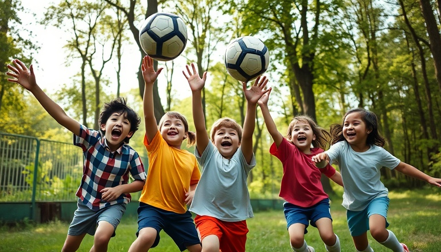 Joyful children playing soccer, reaching for the ball in forest clearing.