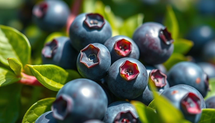 Ripening blueberries on a branch in natural sunlight.