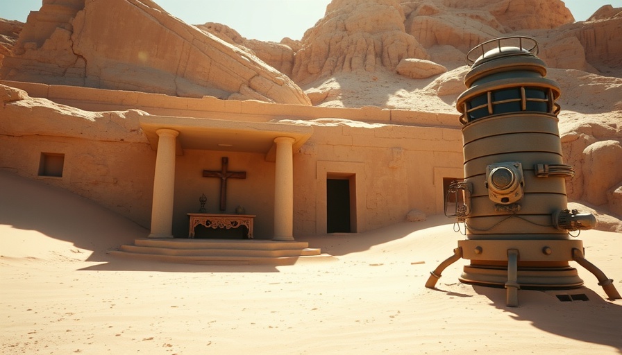 Star Wars Day Liturgy setting with desert altar and sci-fi structure.