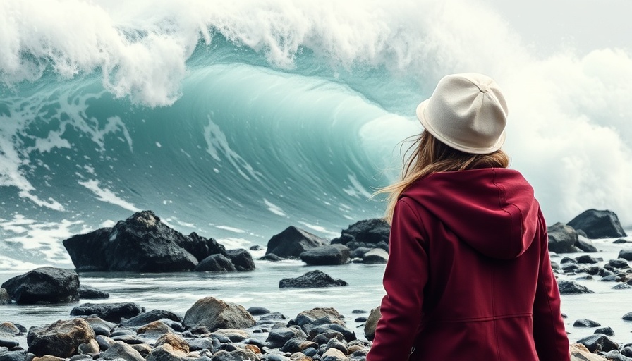 Young girl on beach facing crashing waves, change in the church.