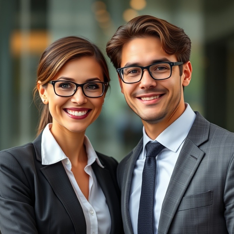 Realistic business woman and man smiling together in a professional setting