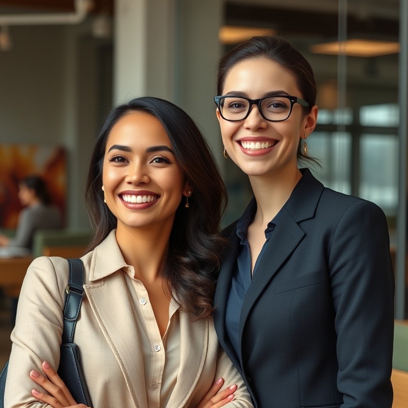Smiling business women in a realistic setting, showcasing professionalism.