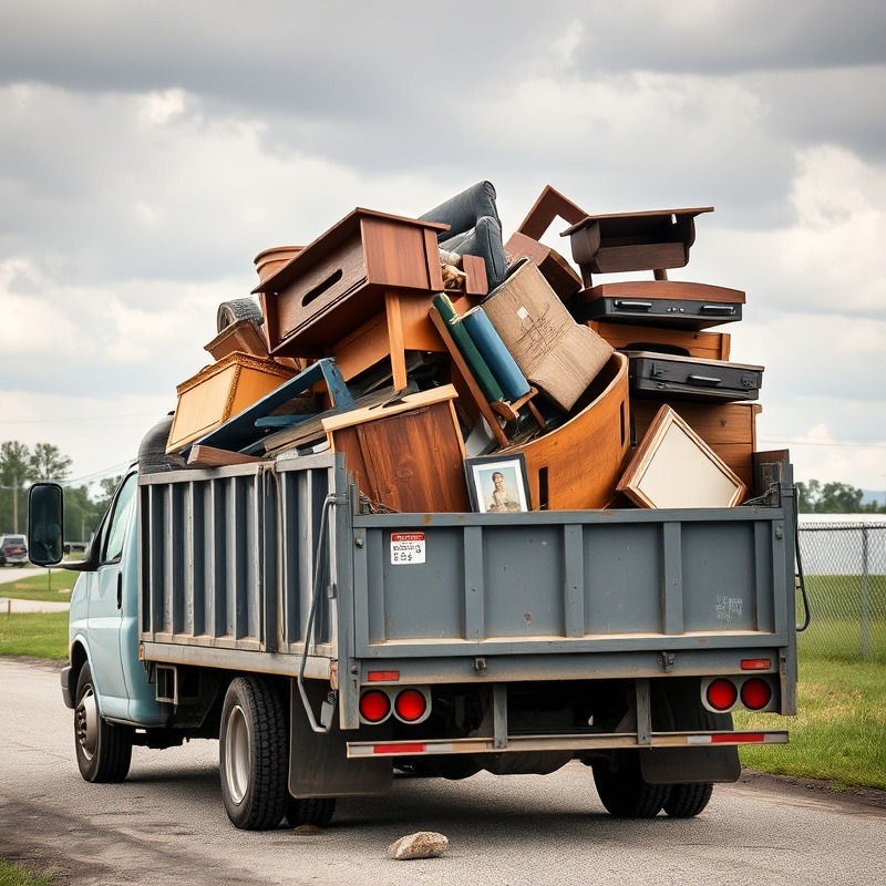 Truck hauling a trash bin filled with old furniture, showcasing waste disposal.