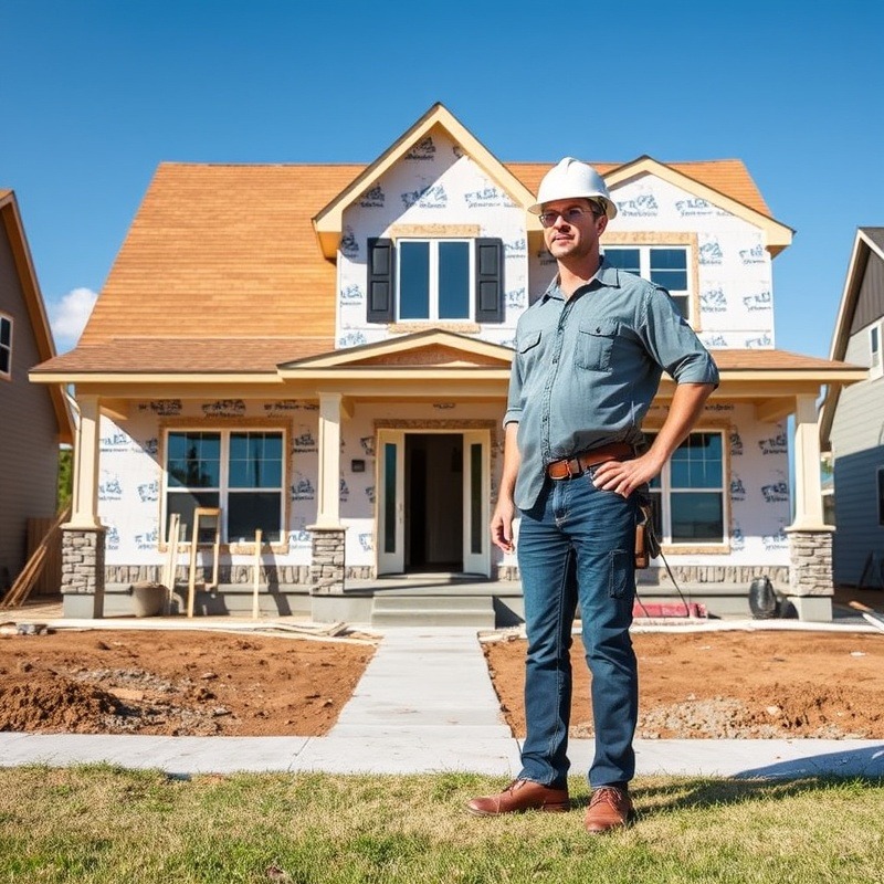 Contractor in front of house under construction with clean yard