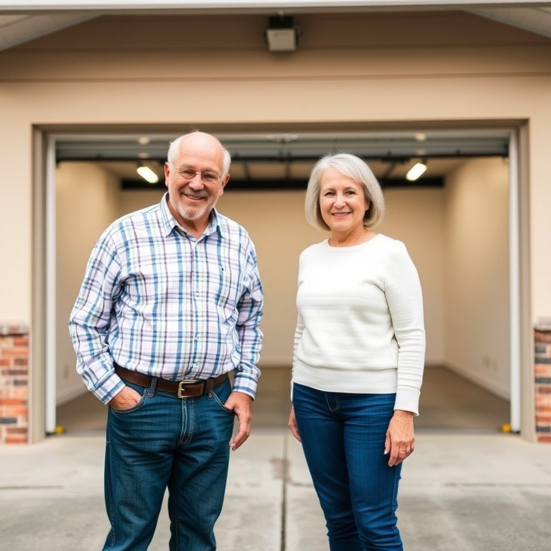 Happy older couple in a clean garage, showcasing their pride in organization.