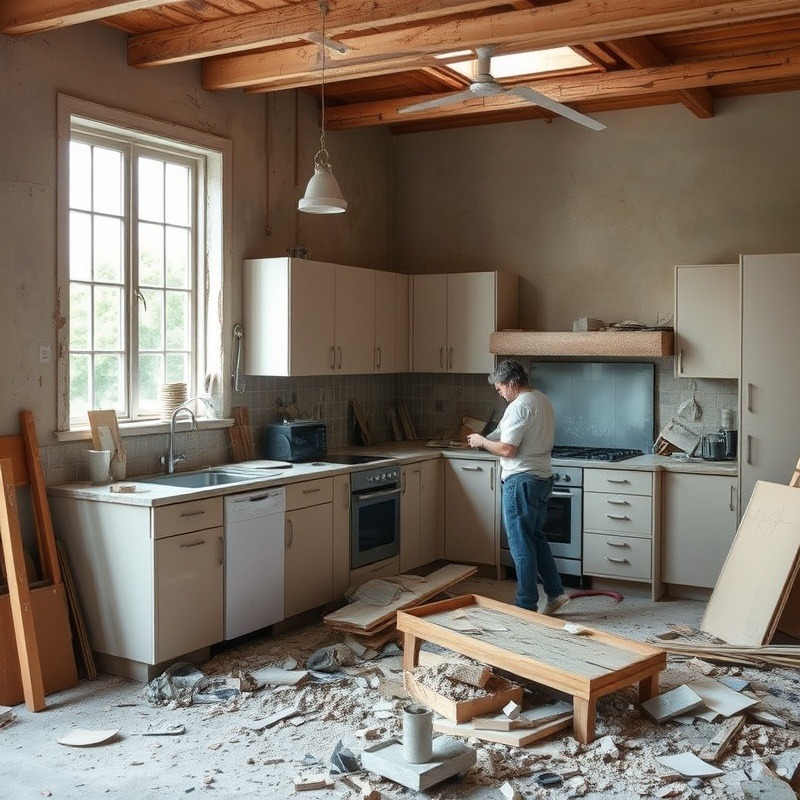 Big kitchen demolition showcasing removal of cabinets and appliances.