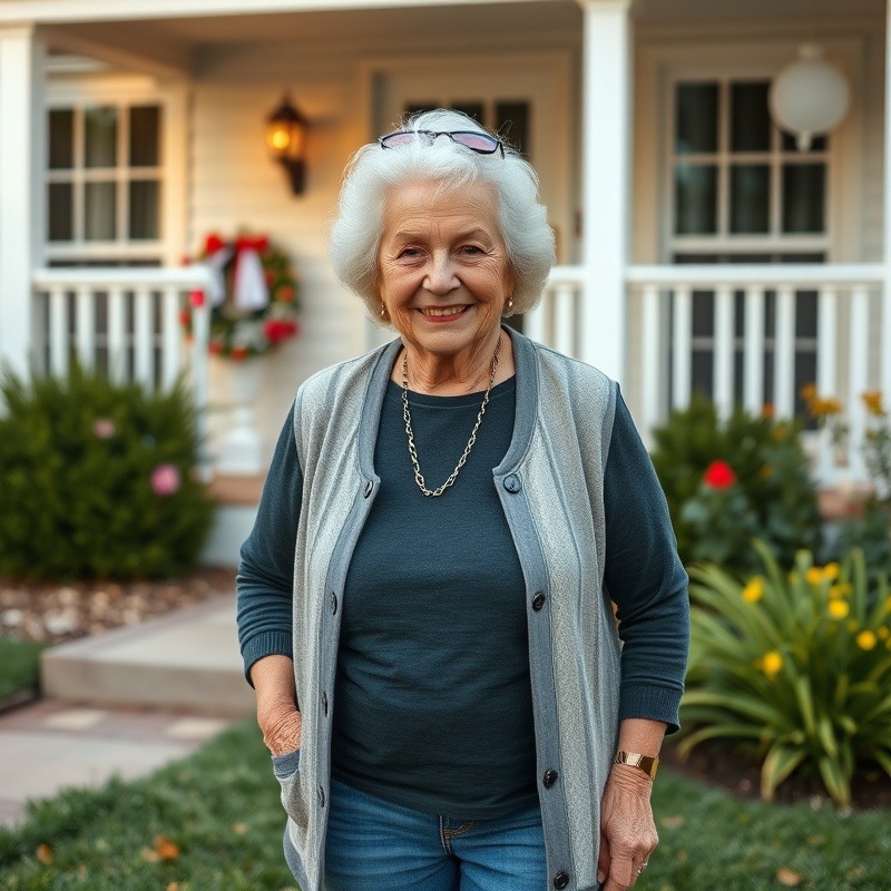 65-year-old woman smiling in her front yard, showcasing happiness.
