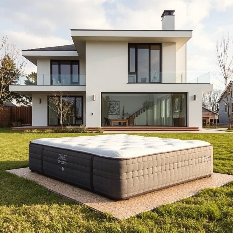Old mattress discarded in front of a renovated modern house.