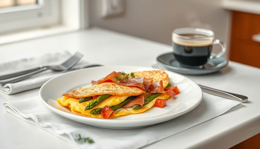 Diabetes-friendly omelette with asparagus and prosciutto on a white plate.