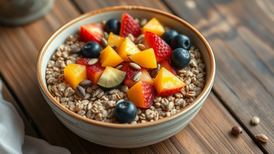 Rustic buckwheat breakfast cereal with fruit and seeds.