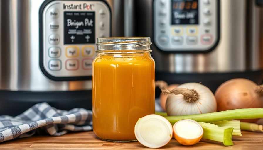 Jar of chicken bone broth next to celery and onions with Instant Pot.