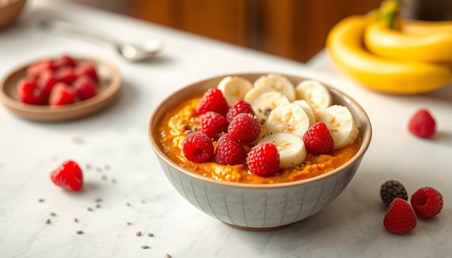 Sweet potato porridge bowl with fruits and seeds.