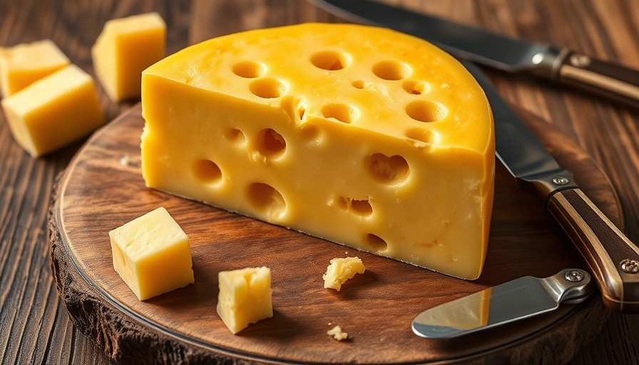 Golden Swiss cheese on wooden board, cheeses that support belly fat loss.