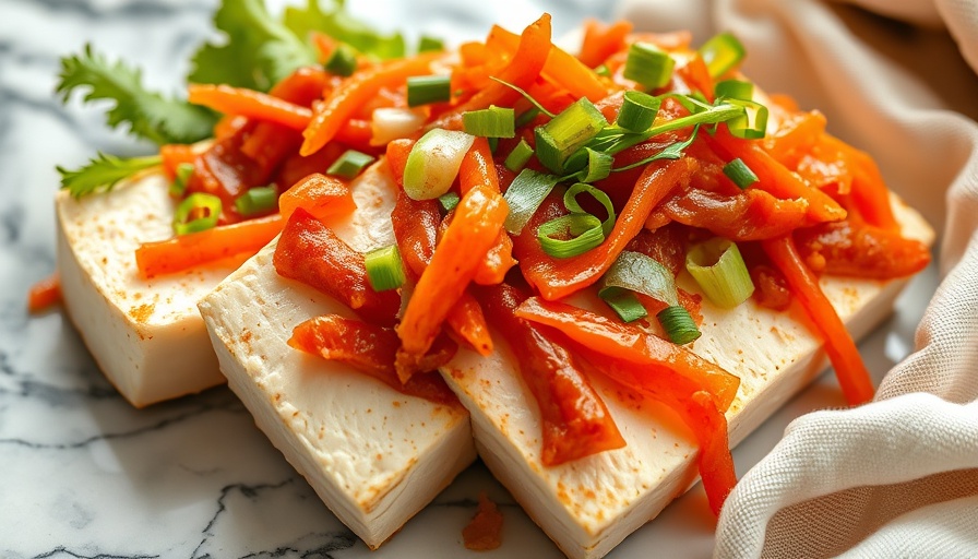 Diabetes-friendly recipe: Tofu and kimchi salad on marble counter.