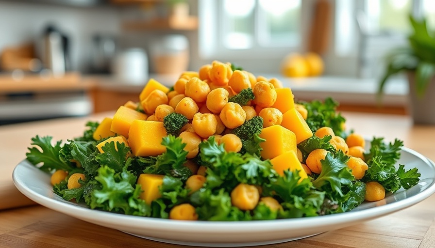 Mango and chickpea kale salad with pomegranate seeds.