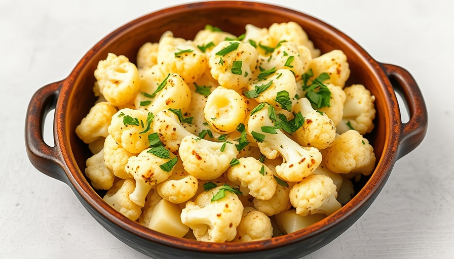 Garlicky mashed cauliflower and potatoes recipe in rustic bowl with herbs.