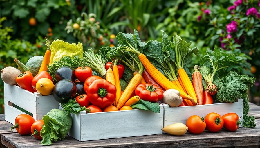 Vibrant high-fiber veggies for weight loss in garden crates.