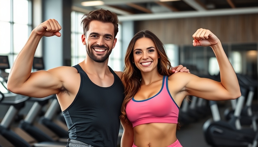 Joyful athletic couple flexing in gym, fit lifestyle focus.