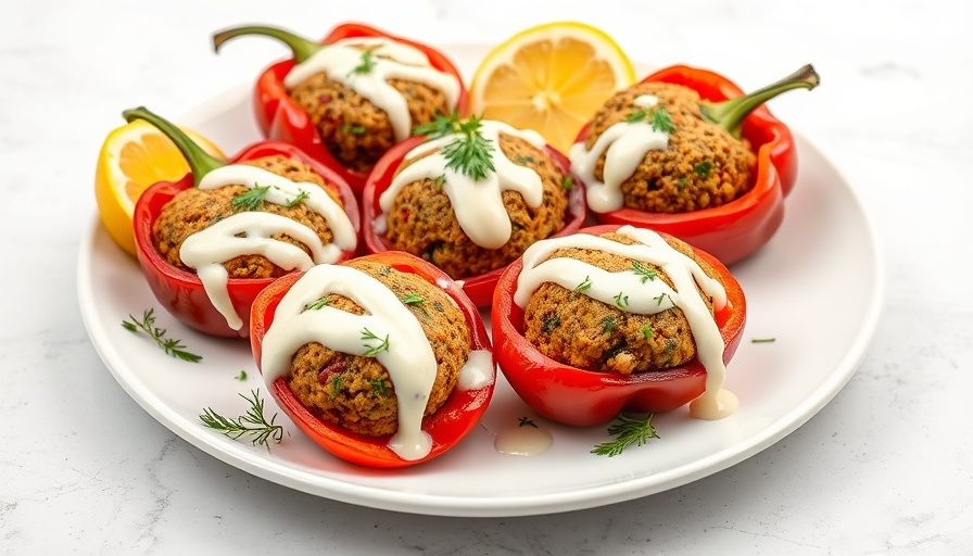 Falafel stuffed red peppers with creamy sauce and fresh dill on a white plate.