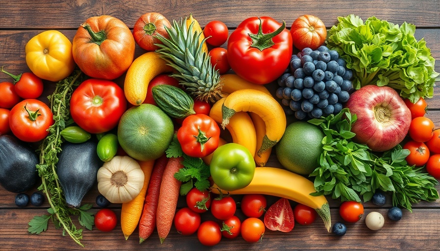 Healthy fruits and vegetables on a rustic table for staying full.