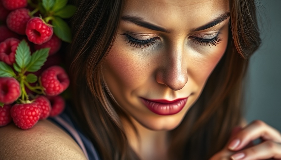Woman examining upper arm against raspberries, foods to banish bat wings