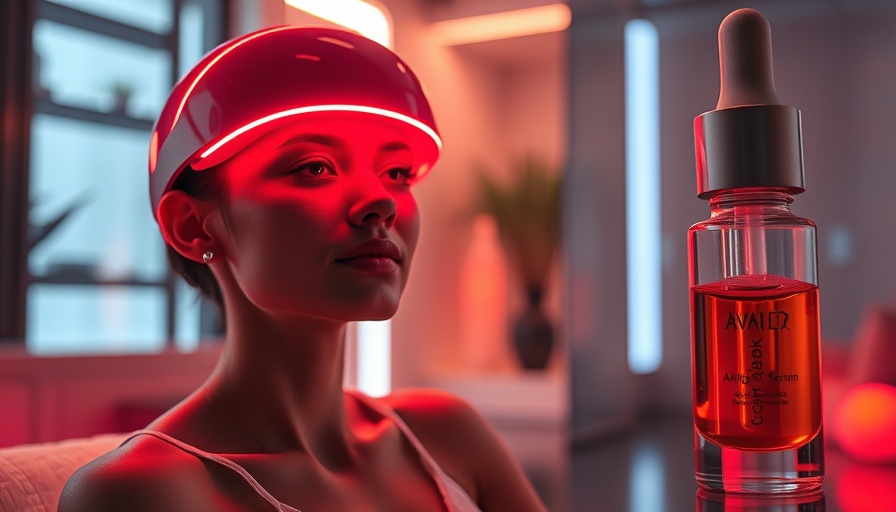 Futuristic anti-aging setup with LED mask and serum vial.