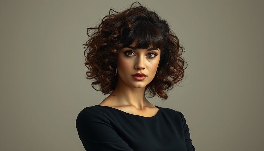 Stylish woman with curly hair and bangs in black dress.