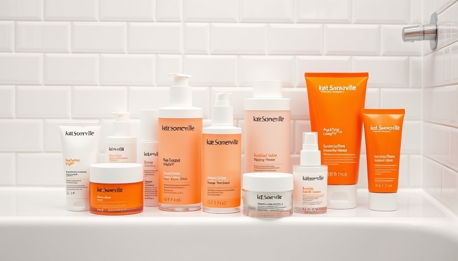 Kate Somerville skincare products on a white tiled background; Unilever sells to Rare Beauty Brands.