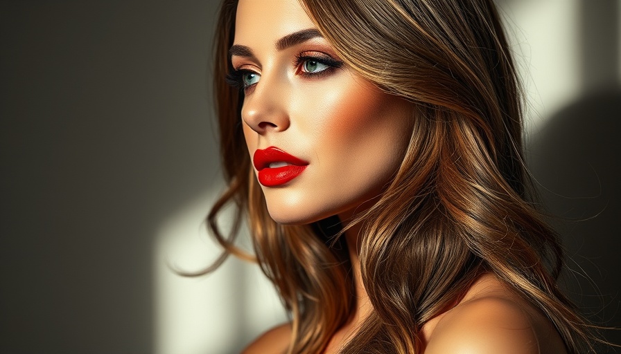 Elegant woman with red lipstick in soft lighting, Taylor Swift bath products.